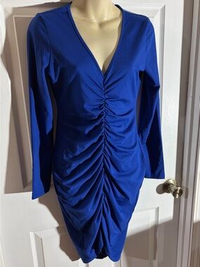 Fashion Nova Royal Blue Ruched V-Neck Long Sleeve Bodycon Dress size Medium